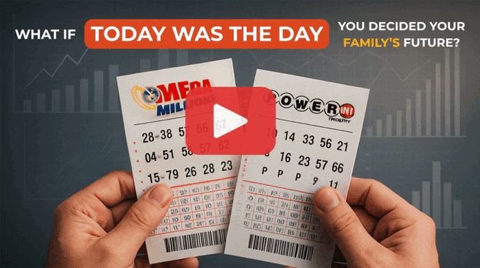 Animated graphic showing predicted Mega Millions and Powerball lottery numbers using data patterns and statistical analysis
