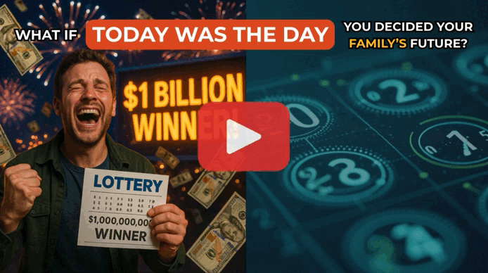 Man celebrating after winning $1 billion in the American lottery, holding a winning ticket with dollar bills flying and fireworks in the background.